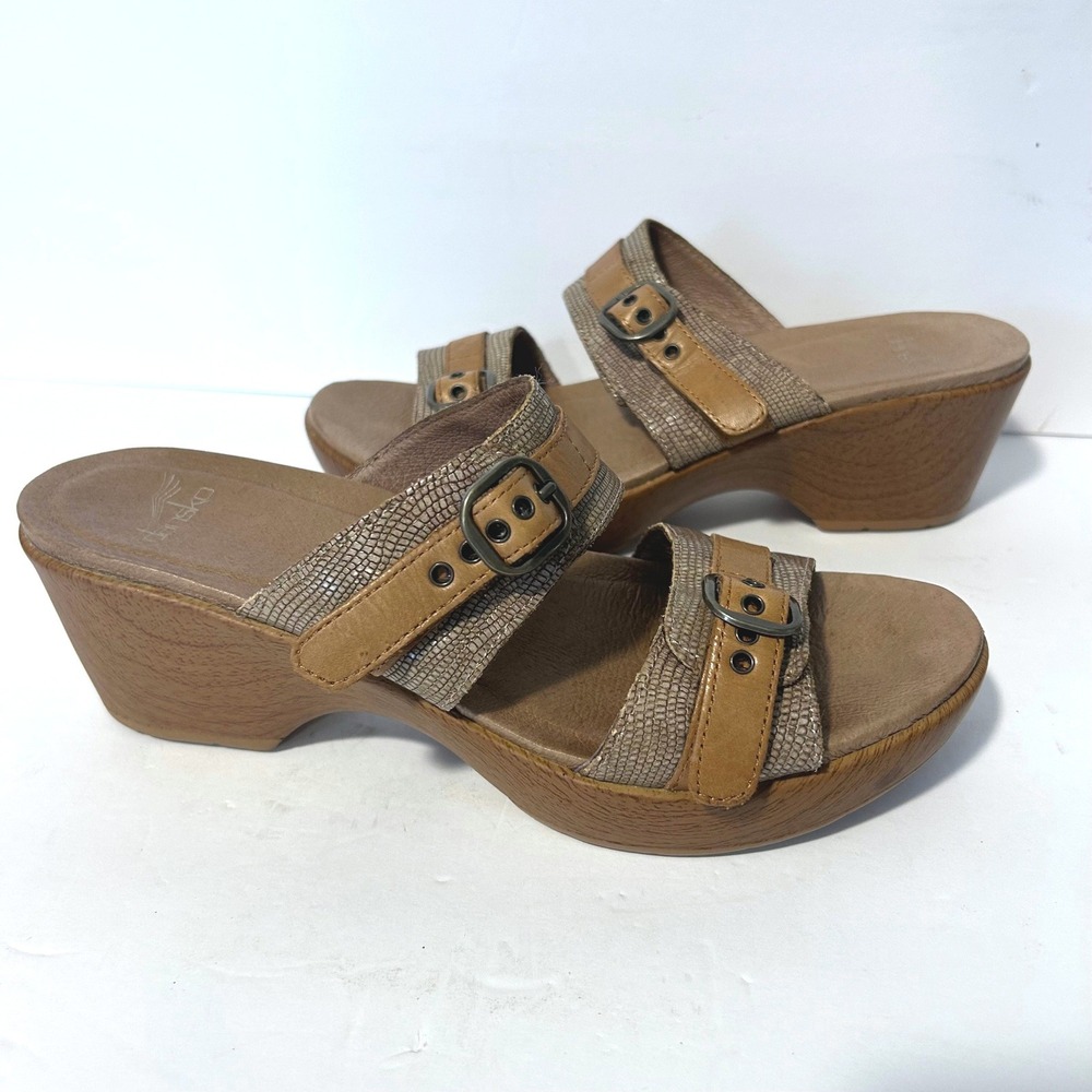 Dansko Jessie Sandals Women 40 9.5 Sand Lizard Wedge Slip On Strappy Slide Clogs